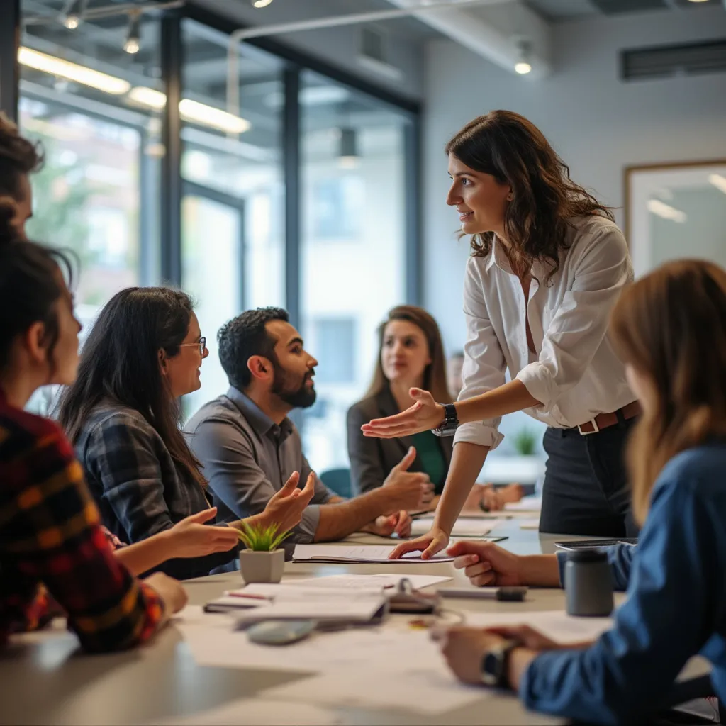 Taller de negocios en progreso con participantes atentos
