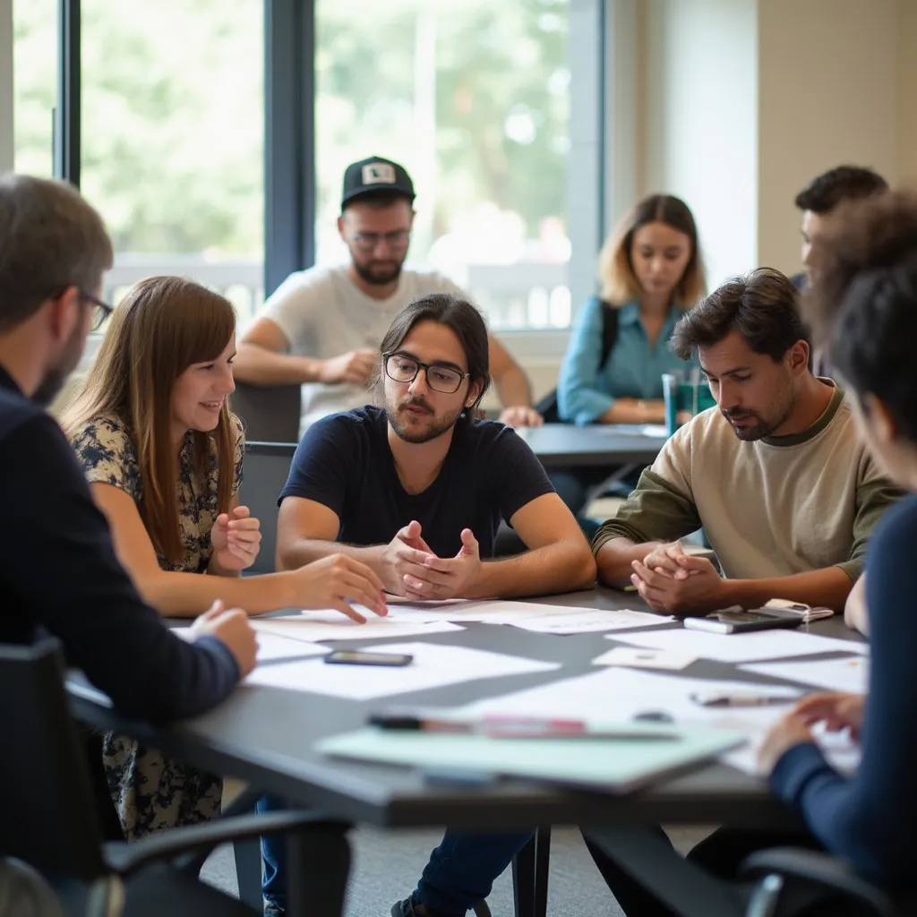 Participantes colaborando en un ejercicio de grupo
